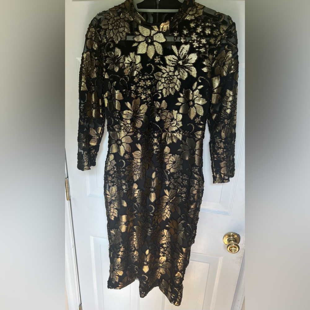 Black sheer and gold metallic floral Rachel Roy dress